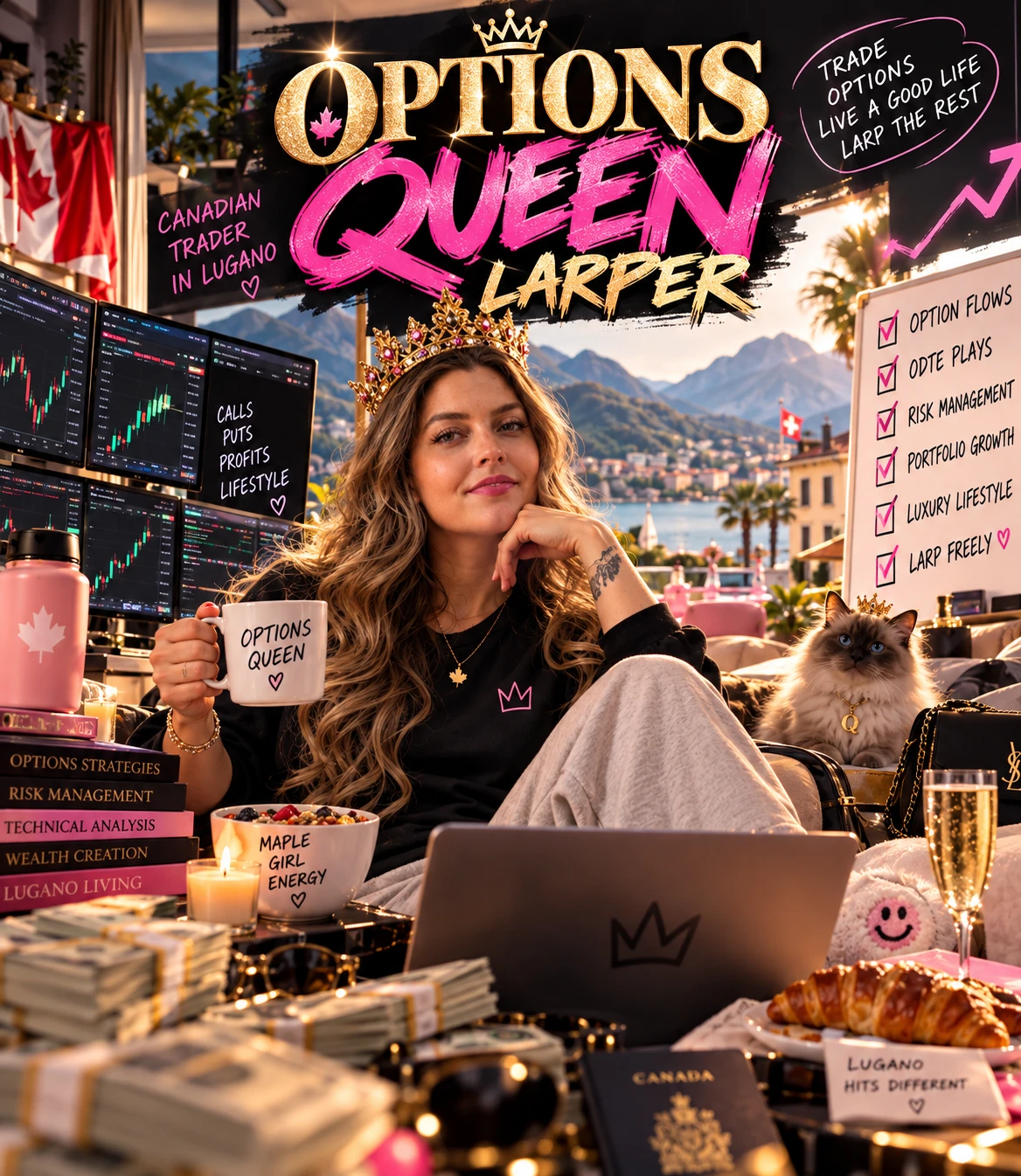 Rebecca in a crown with an Options Queen mug, trading screens behind her and Lake Lugano out the window.
